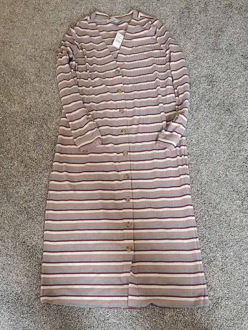 LOFT Striped Button-Front Long Sleeve Midi Dress in Mauve and Cream